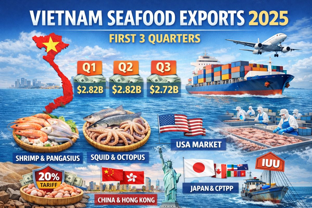 Vietnam seafood exports 2025 showing shrimp, pangasius, squid, octopus and key export markets