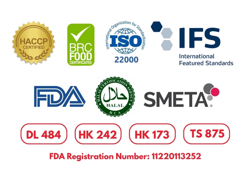 BASEAFOOD Vietnam seafood supplier certifications - HACCP, BRC, IFS, ISO 22000, SMETA, HALAL, FDA and EU approval codes DL 484, HK 242, HK 173, TS 875